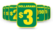 Dollarama logo displaying several prices: $3, $2, and $2.50.