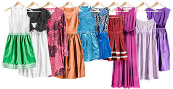Photo of many different dresses on hangars.