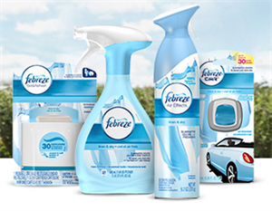 Various Febreze products: vaporizer, air freshener, fabric deodorizer, car deodorizer.