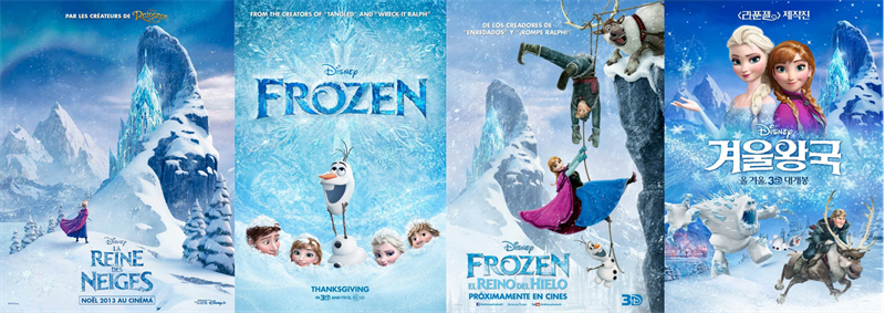 Posters for the movie "Frozen" in four languages: French, English, Spanish, and Japanese
