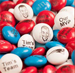 M and Ms candy with messages and faces printed on them.