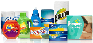 Various Proctor and Gamble products: Bounty, Bounce, Pampers, Dawn, Gain, Charmin, Always, Tampax.