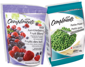 2 Compliments packages of Jumbleberry Fruit Blend and Petite Peas.
