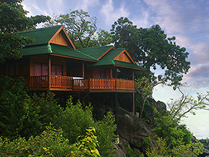 A resort exterior among a tropical forest.