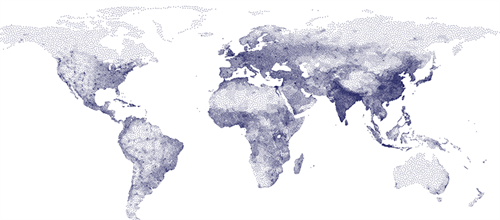 Map of the world, with population density indicated by density of dots.