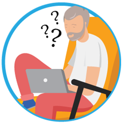 Illustration of student on computer with question marks around head