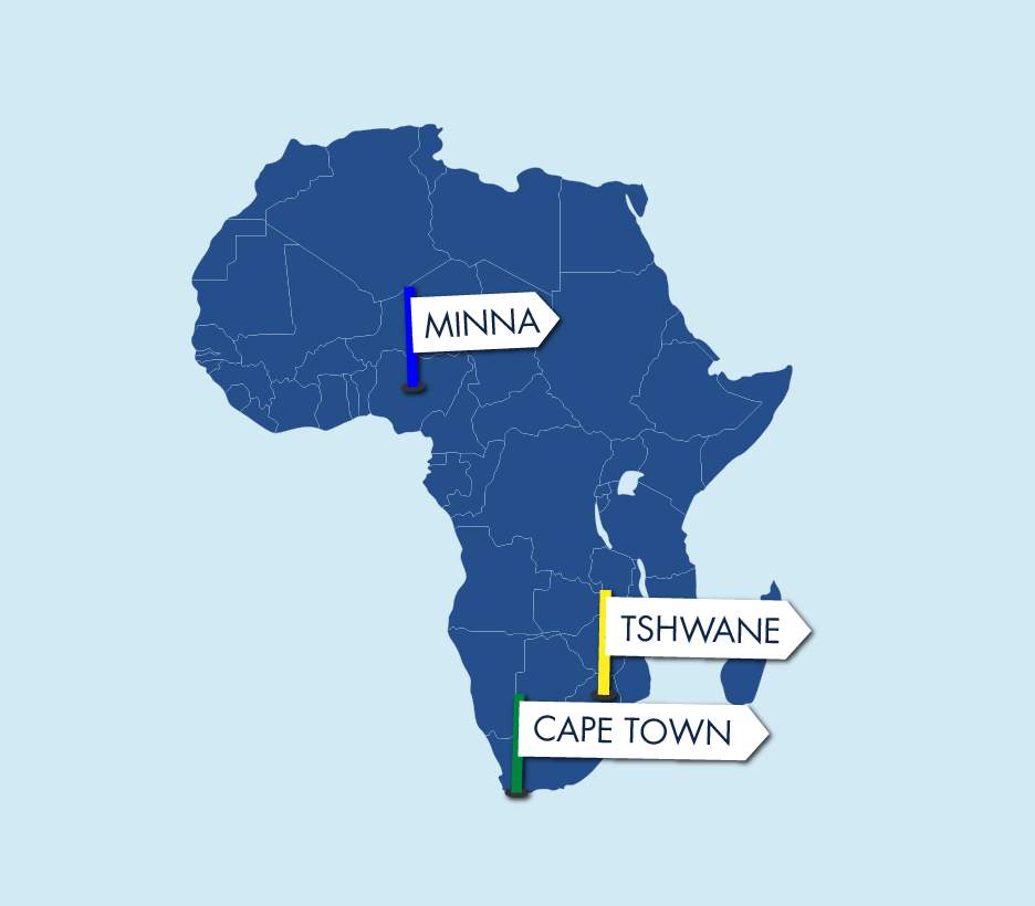 atlas map of the African continent, with signposts highlighting locations for Minna, Tshwane, and Cape Town