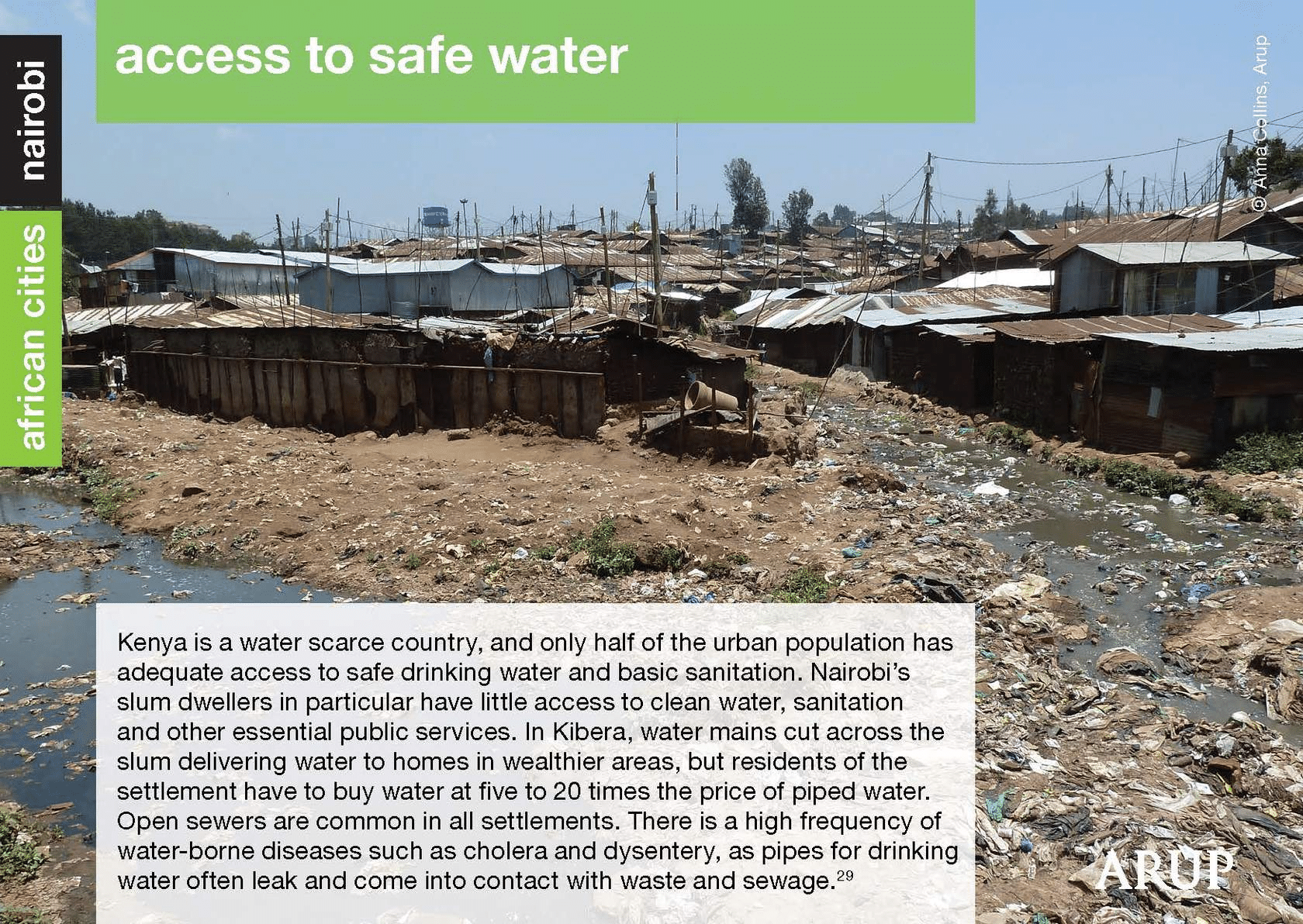 garbage of plastic, bags and food waste lying in and around river water near a settlement