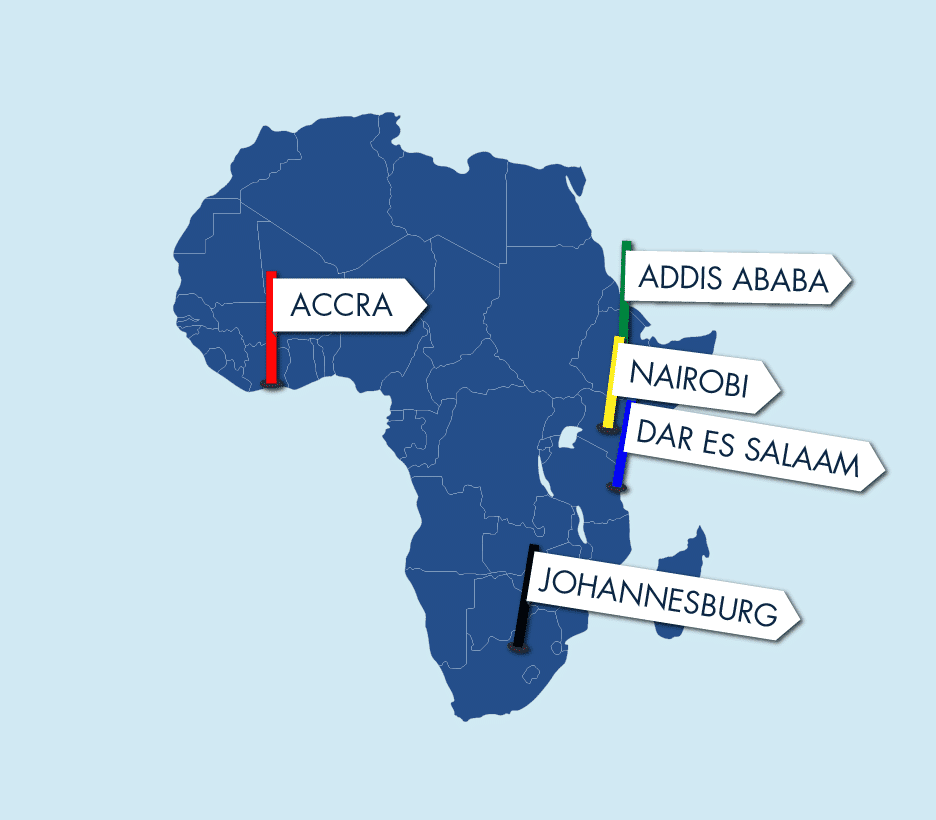 atlas map of the African continent, with signposts highlighting locations for Accra, Addis Ababa, Nairobi, Dar es Salaam, and Johannesburg