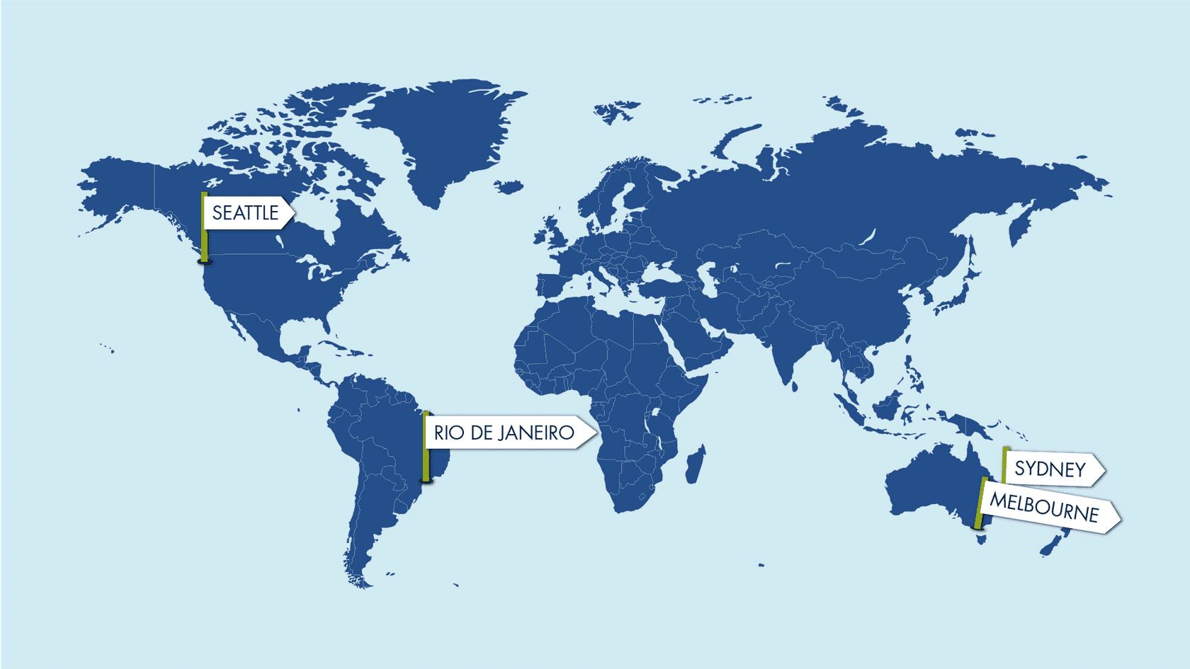 atlas map of the world, with signposts highlighting locations for Seattle, Rio De Janeiro, Sydney and Melbourne