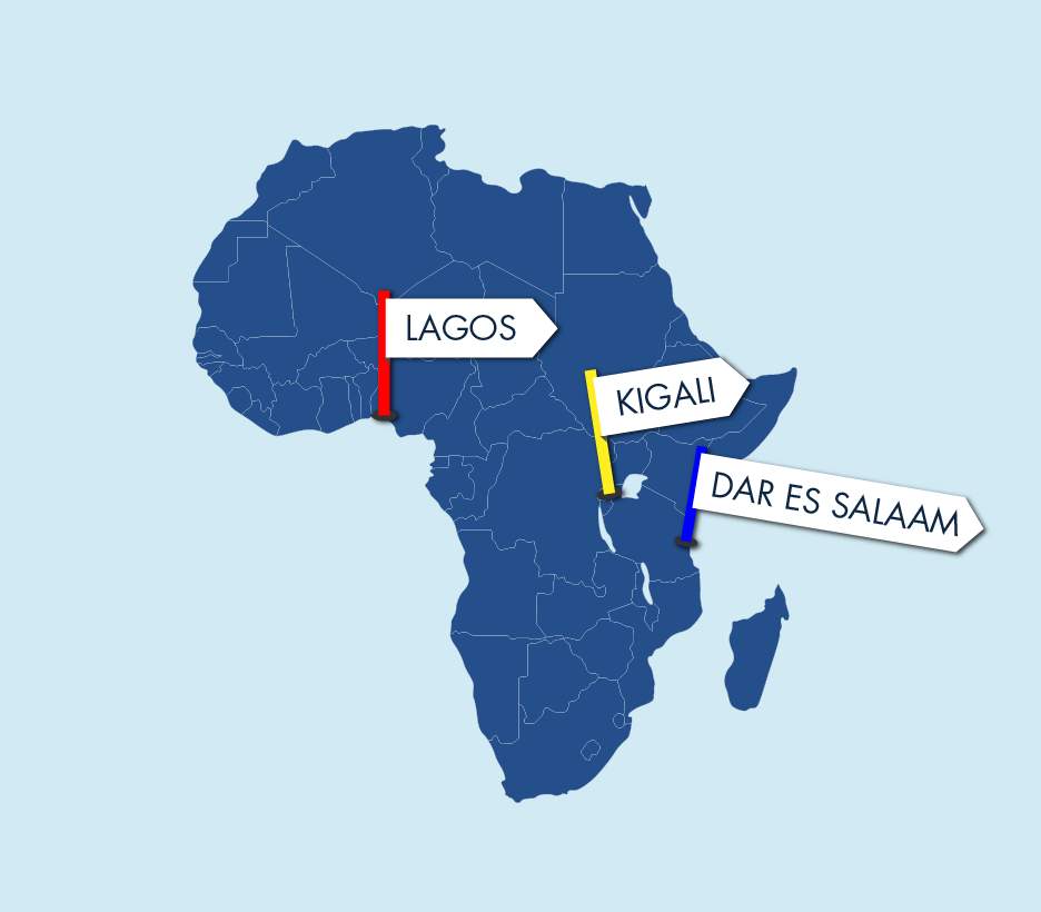 atlas map of the African continent, with signposts highlighting locations for Lagos, Kigali, and Dar es Salaam
