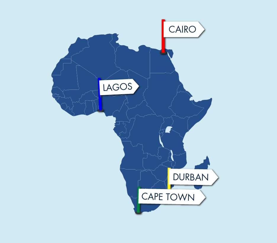 map of African continent with signposts for Cairo, Lagos, Durban and Cape Town
