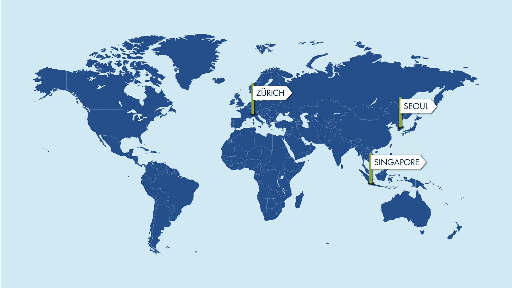 atlas view of the world with signposts for Zurich, Seoul and Singapore