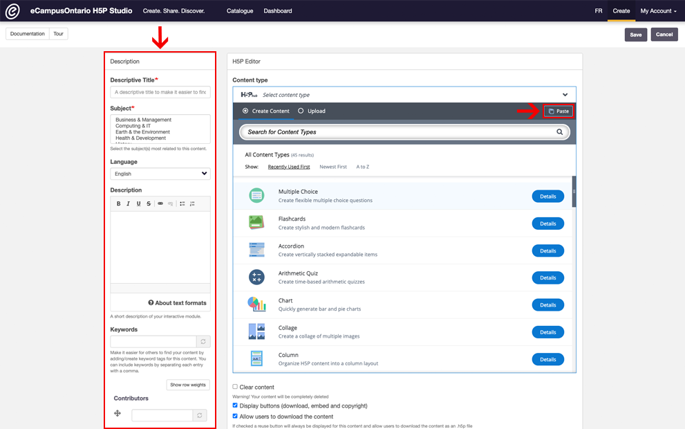 Creative Studio dashboard. The paste button is highlighted as well as the section on the left showing where to enter a title, subject and description