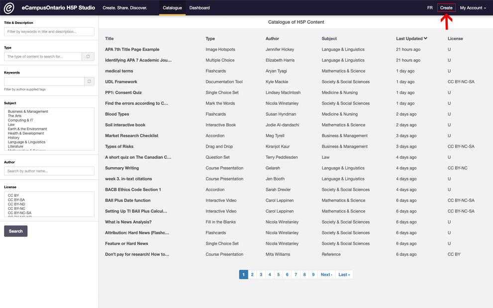 Catalogue of H5P Content. Create button is highlighted.