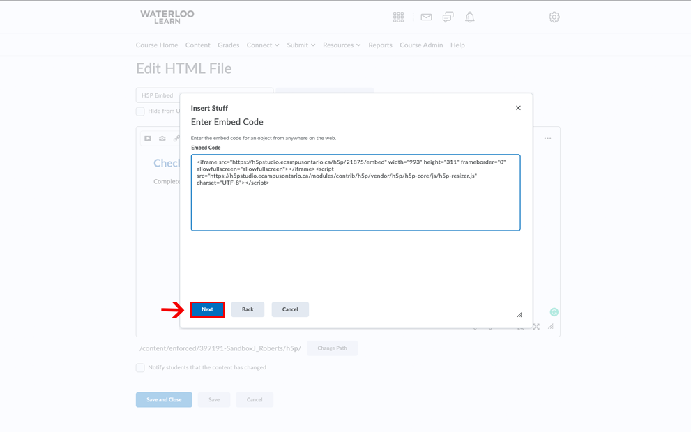 Screenshot showing where to embed the copied code. The next button is highlighted.