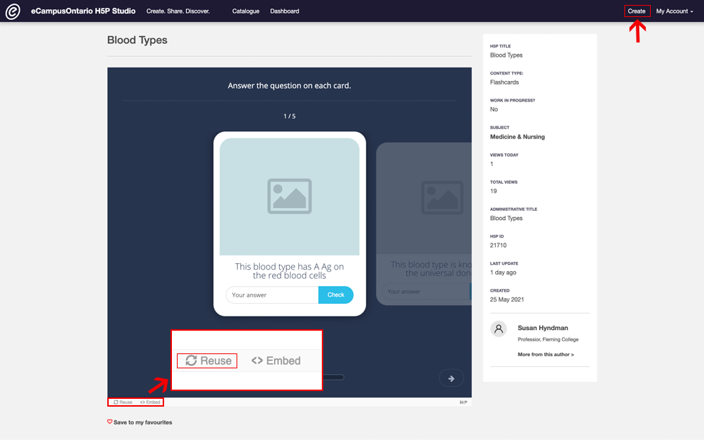 Previewing an existing creation. Selecting Reuse and then Create to adapt from the existing interaction.