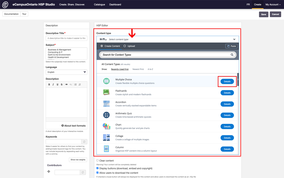 Creative studio dashboard showing the 40 plus content types to choose from. The details button for the multiple choice interaction is highlighted.