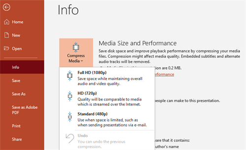 Screenshot of the location of the Compress Media option as well as the compression options.