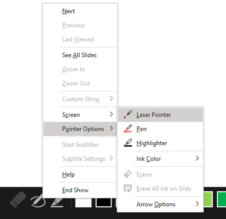 Context menu showing that laser pointer can be selected under pointer options.