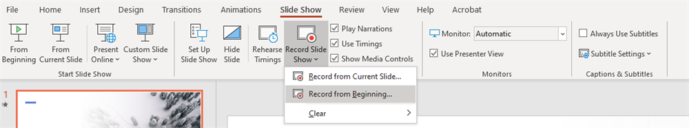 Image of the Slide Show ribbon from PowerPoint highlighting the Record Slide Show button and Record from beginning option.