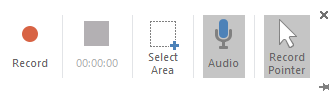 Screen recording settings including record button, select area button, record audio, and record pointer. Option to record audio and pointer is turned on by default.