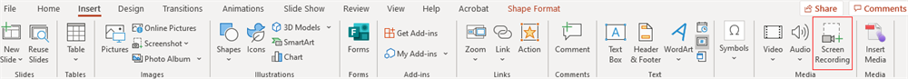 Insert ribbon showing the Screen Recording button.