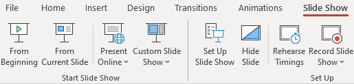 Screenshot of the Slide Show ribbon showing options to begin slide show From Beginning or From Current Slide.