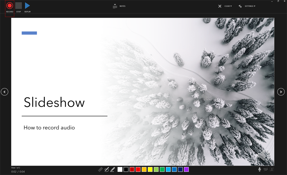 Screenshot of the record slide show view in PowerPoint. Showing the record/pause, stop, and replay buttons, pen tool, and navigation buttons to go to next slide.