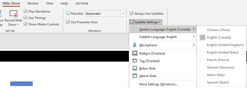 Screenshot of the Subtitle Settings menu showing that you can select spoken and subtitle languages, as well as subtitle placement.