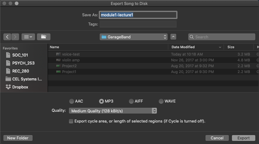Screenshot of the Export Song to Disk window in GarageBand