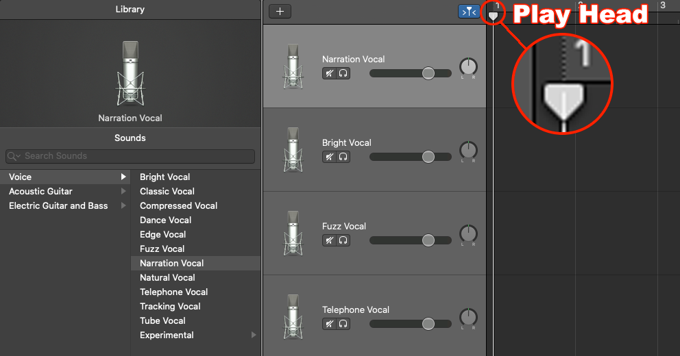 Screenshot illustrating the play head marker in GarageBand