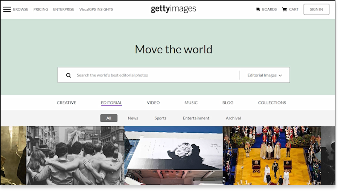 Screenshot of Getty Images website homepage