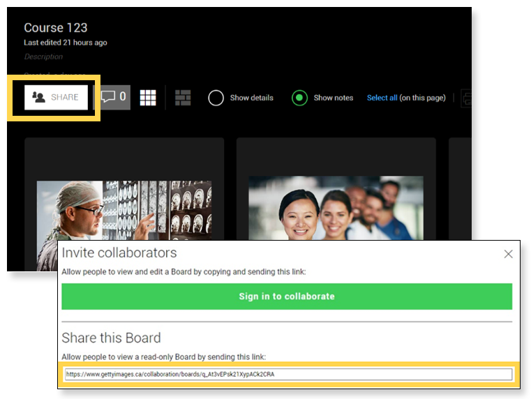 A screenshot of the 'Share this Board' pop-up window on the Getty Images website