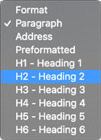 An image of the Paragraph drop-down menu including Paragraph, Address, Preformatted, H1 - Heading 1, H2 - Heading 2, H3 - Heading 3