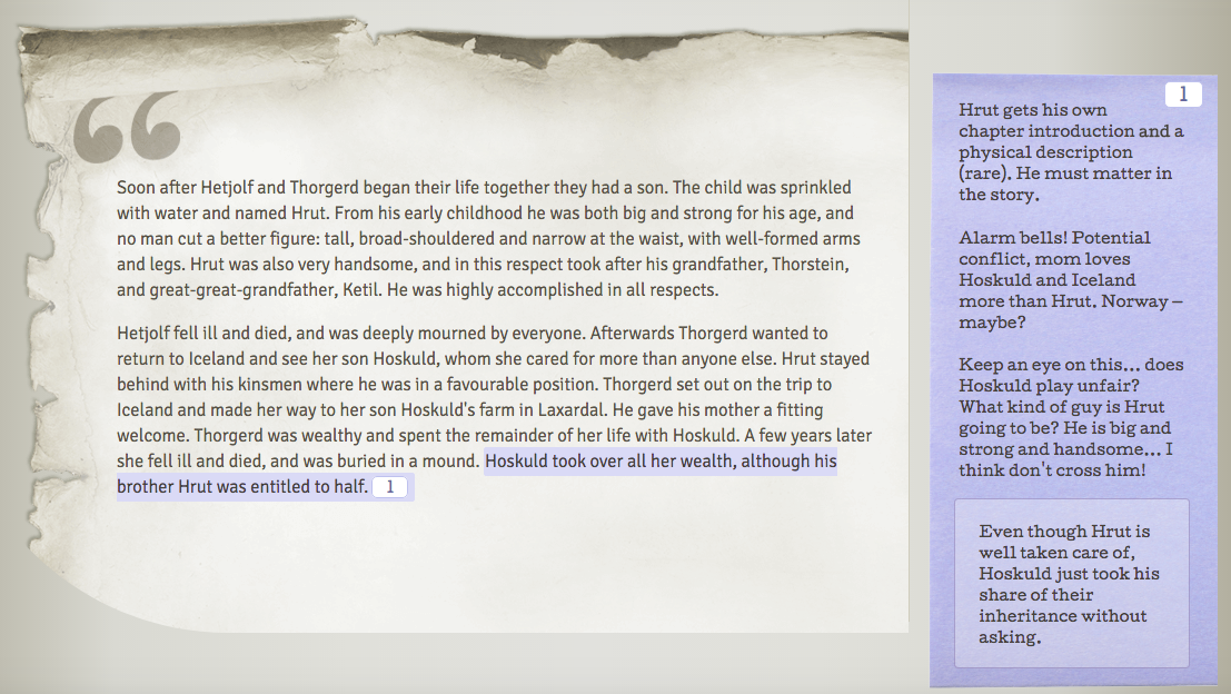 Screenshot of course with close readings. Screenshot shows text on a page with a sentence highlighted. Notes about sentence in margin.