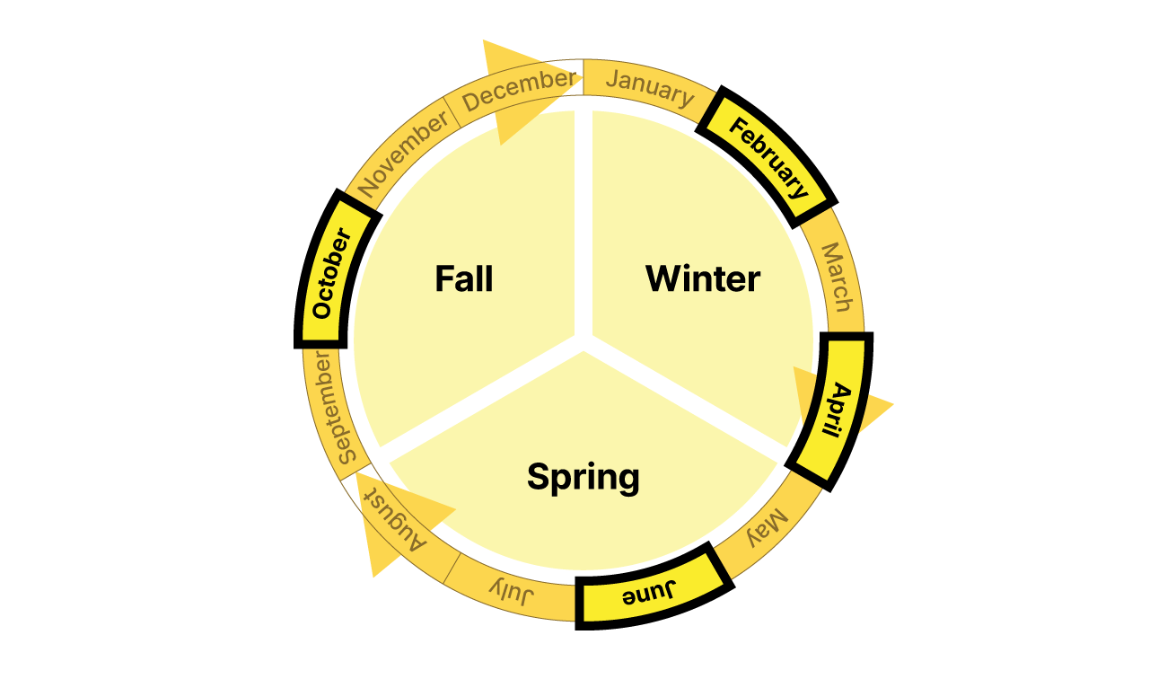 Cyclical calendar showing that board meetings happen in February, April, June, and October.