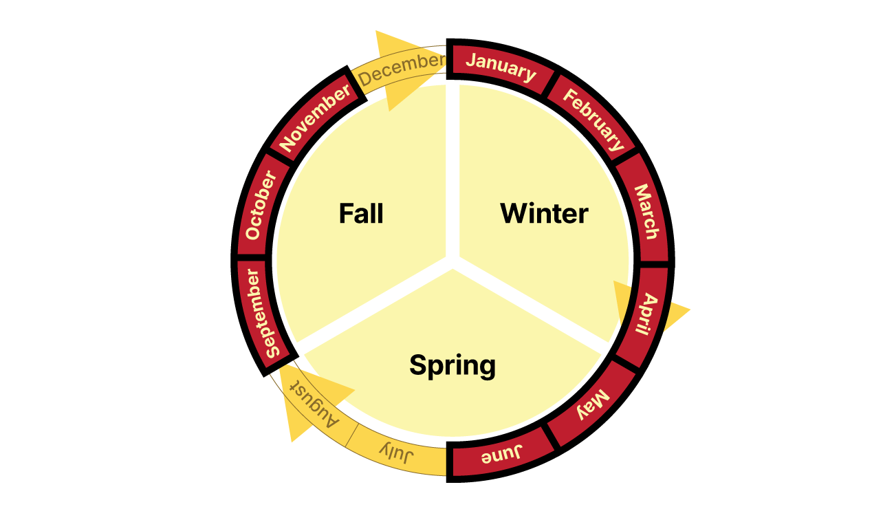 Cyclical calendar showing that senate meetings happen in every month exept for July, August, and December.