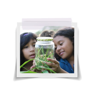 Two girls closely examining something in a jar.