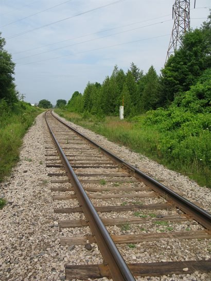 Railroad tracks lined with limestone.