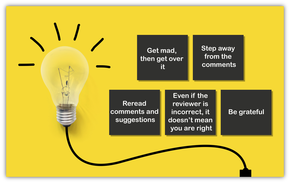 Illustration of some tips to responding to peer reviews. Description above.