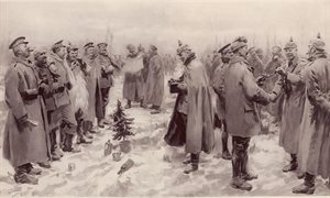 Illustration of soldiers standing around small Christmas tree