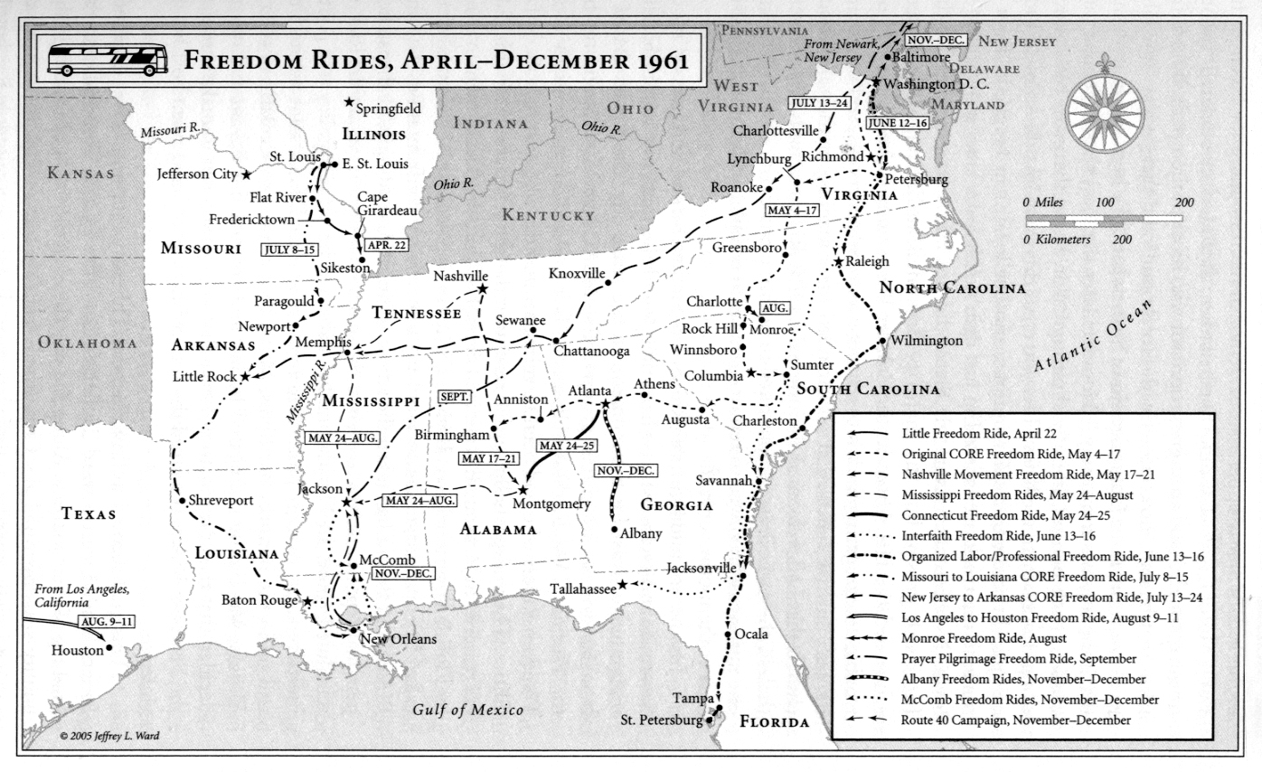 Map of freedom rides, April to December 1961