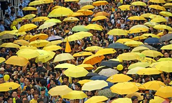 Crowd of protestors gather with yellow umbrellas