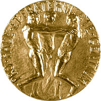 Back of the Nobel Peace Prize, with an image of three men forming a fraternal bond