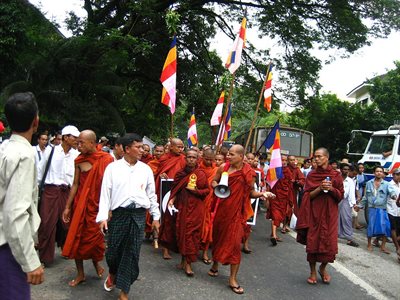 Saffron revolution with Buddhist monks protesting in Burma