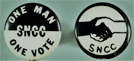 SNCC logos - 'one man one vote'; second with two hands shaking - one black hand, one white hand